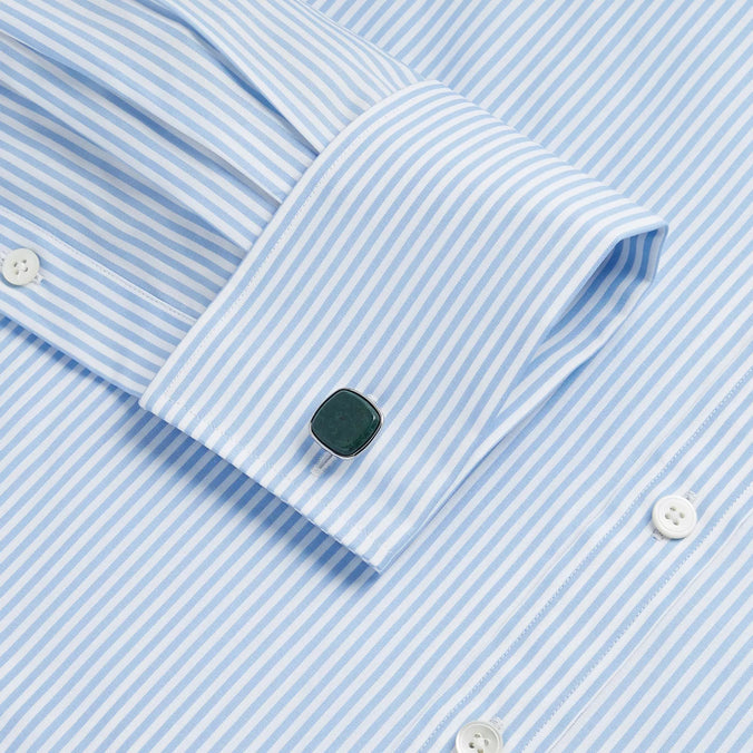 Pale Blue & White Tailored Fit Double Cuff Core Poplin Bengal Stripe Formal Shirt