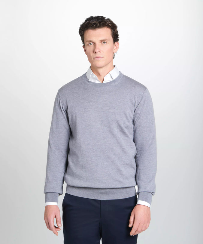 Pale Grey Merino Wool Crew Neck Sweater