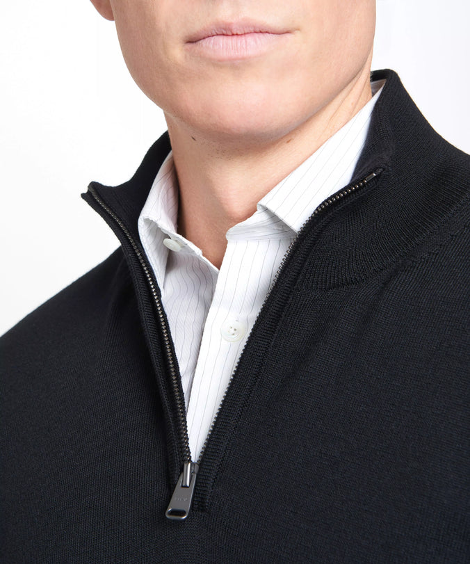Black Merino Wool Zip Neck Sweater
