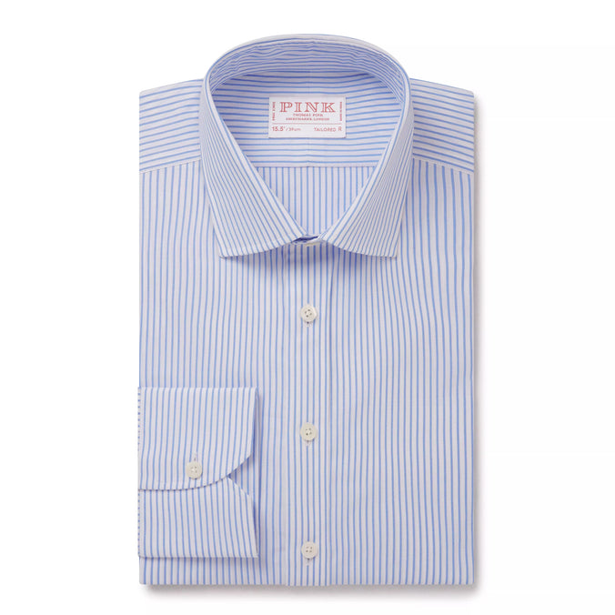 Blue & White Tailored Fit Panama Medium Stripe Formal Shirt