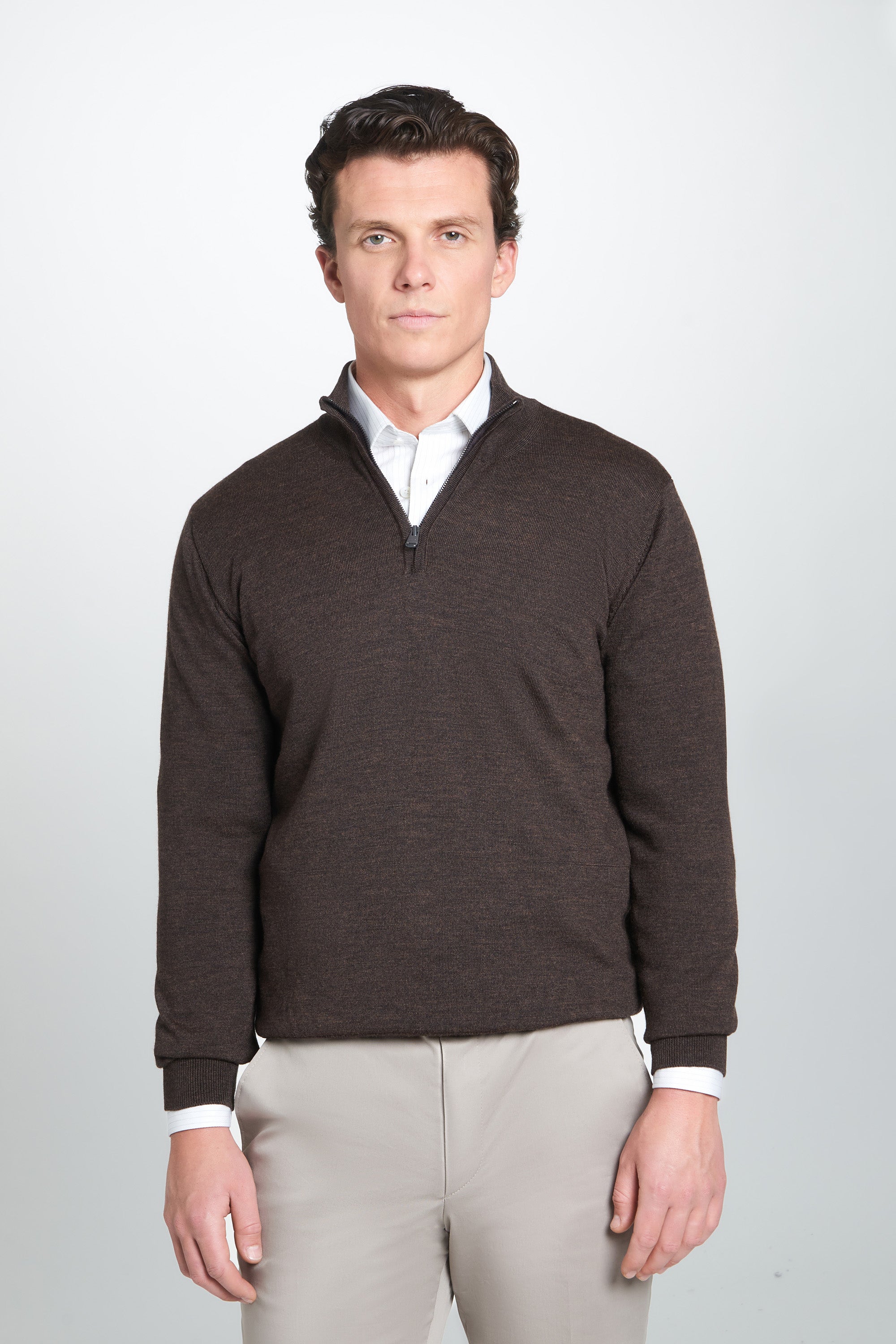 Chocolate Merino Wool Zip Neck Sweater