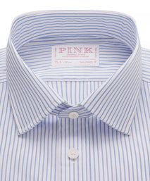 Blue & White Tailored Fit Double Cuff Panama Medium Stripe Formal Shirt