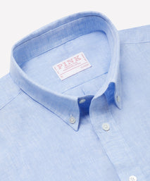 Pale Blue Classic Fit Essential Linen Button Down Smart Casual Shirt